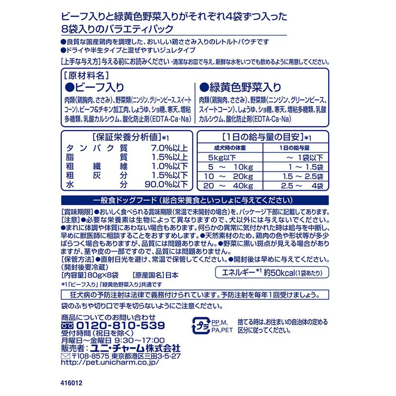 ユニ・チャーム グラン・デリ国産鶏ささみパウチ ジュレ 成犬８袋パック ビーフ入り＆緑黄色野菜入り ８０ｇ / 犬 いぬ ウェットフードドッグフード 主食 国産 健康