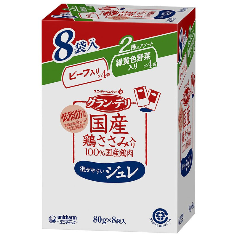 ユニ・チャーム グラン・デリ国産鶏ささみパウチ ジュレ 成犬８袋パック ビーフ入り＆緑黄色野菜入り ８０ｇ / 犬 いぬ ウェットフードドッグフード 主食 国産 健康