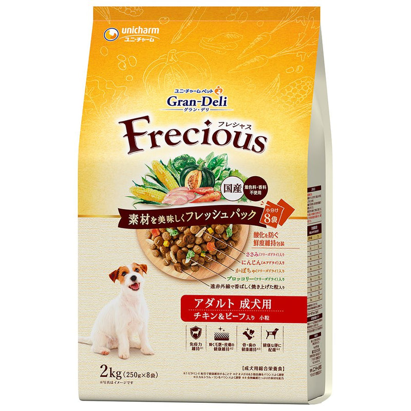 ユニ・チャーム グラン・デリ フレシャス(GranDELI Frecious) アダルトチキン＆ビーフ２ｋｇ / 犬 いぬ ドッグフード プレミアムフード 主食 国産 健康 フリーズドライ 製法